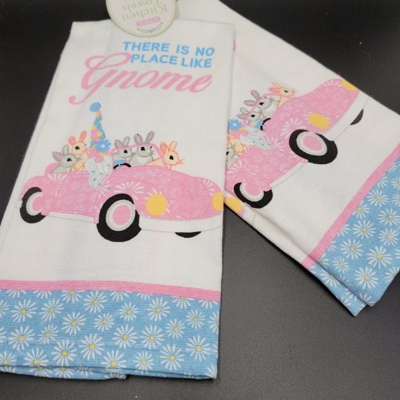 Gnome Easter Towels 2 Pc Bunny Rabbit Daisy Spring Holiday Kitchen Linens - Picture 1 of 3